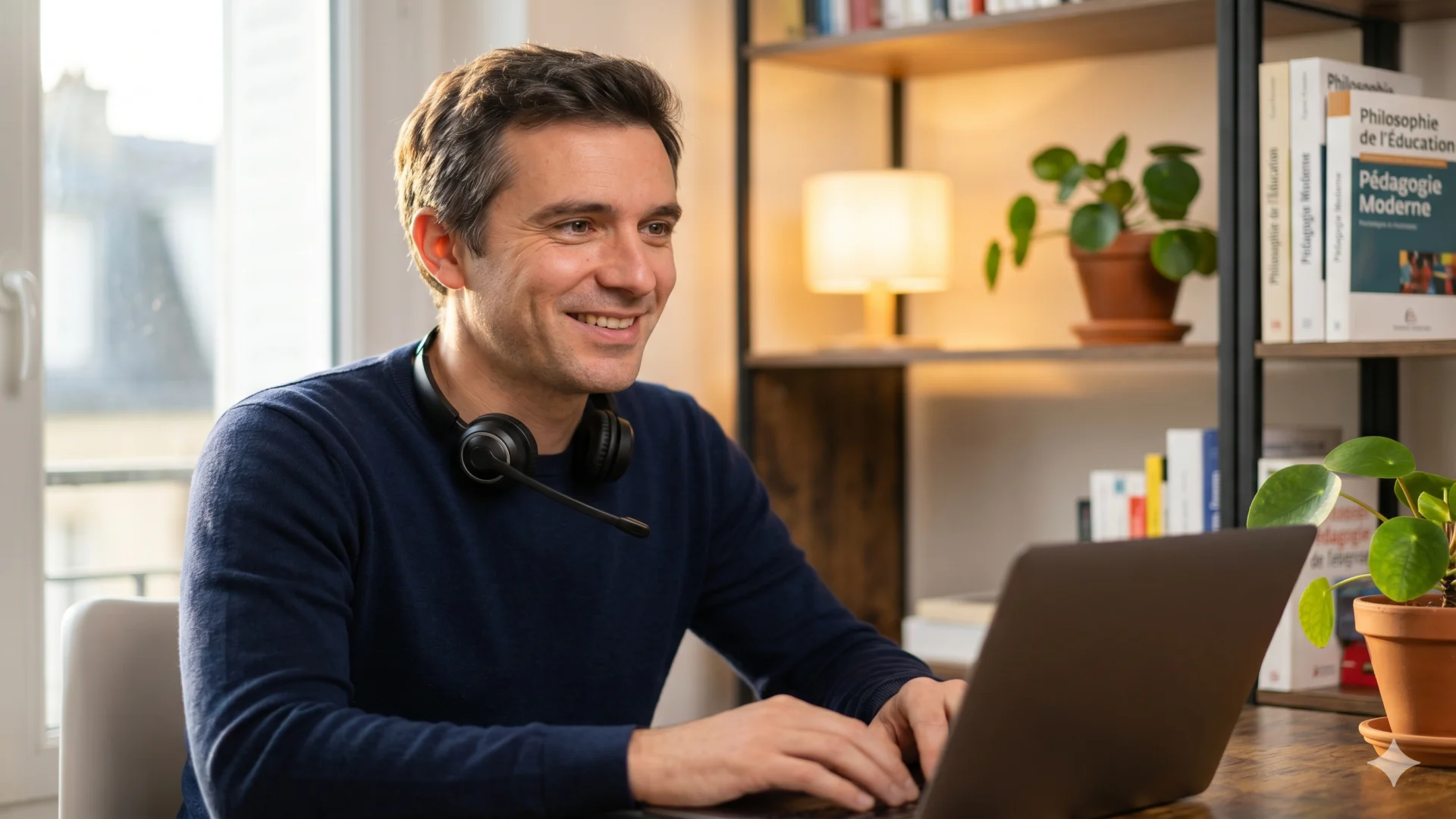 Professeur ScolNext souriant devant son ordinateur — support pédagogique