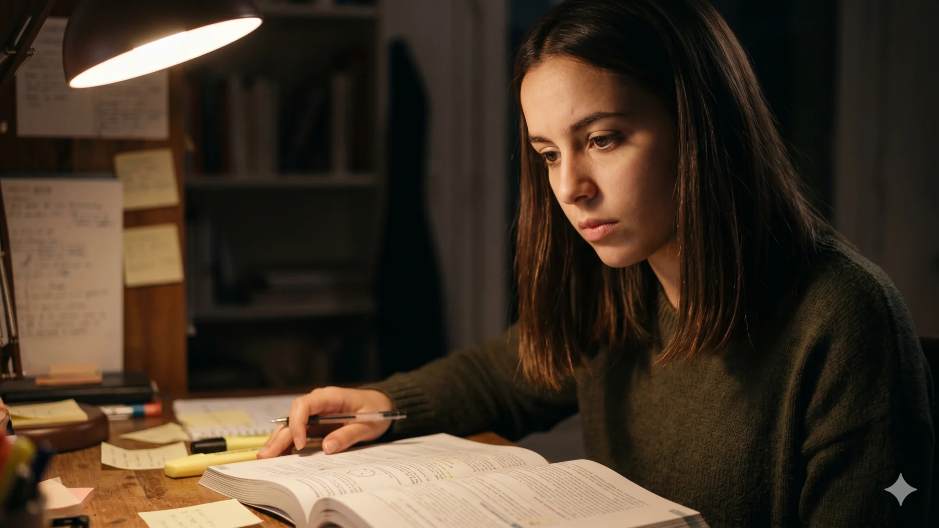 Étudiante concentrée révisant le soir à la lueur d'une lampe de bureau — Session BTS 2026