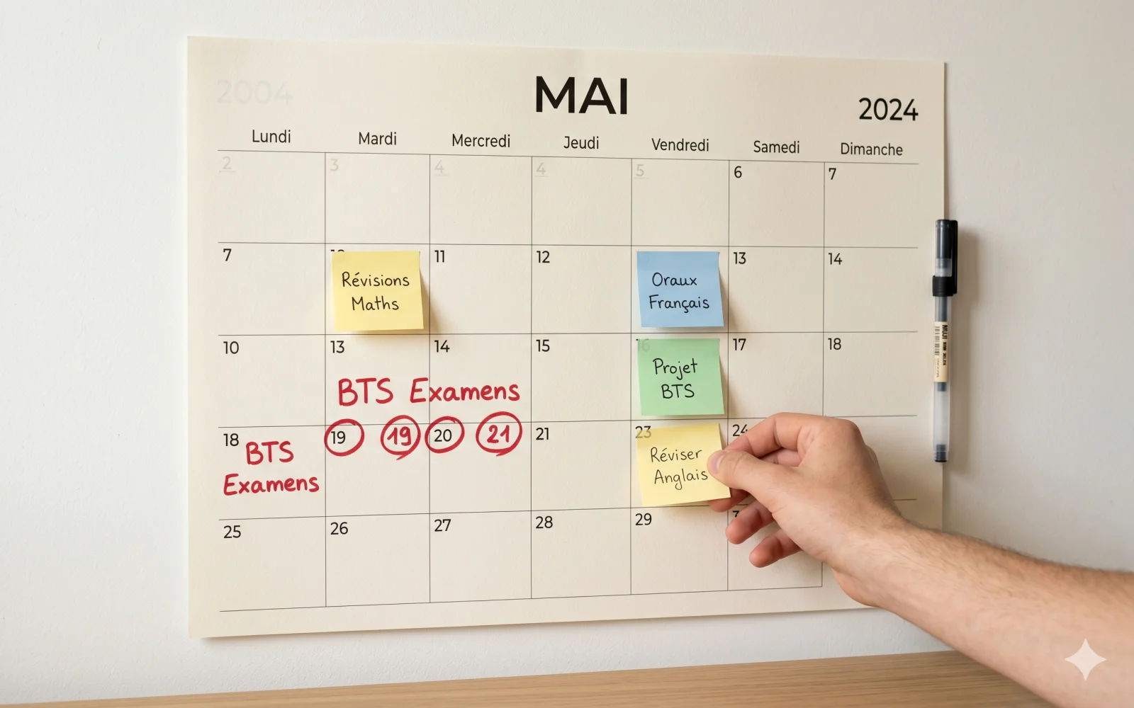 Planning mural détaillé avec dates d'examens BTS et post-it colorés