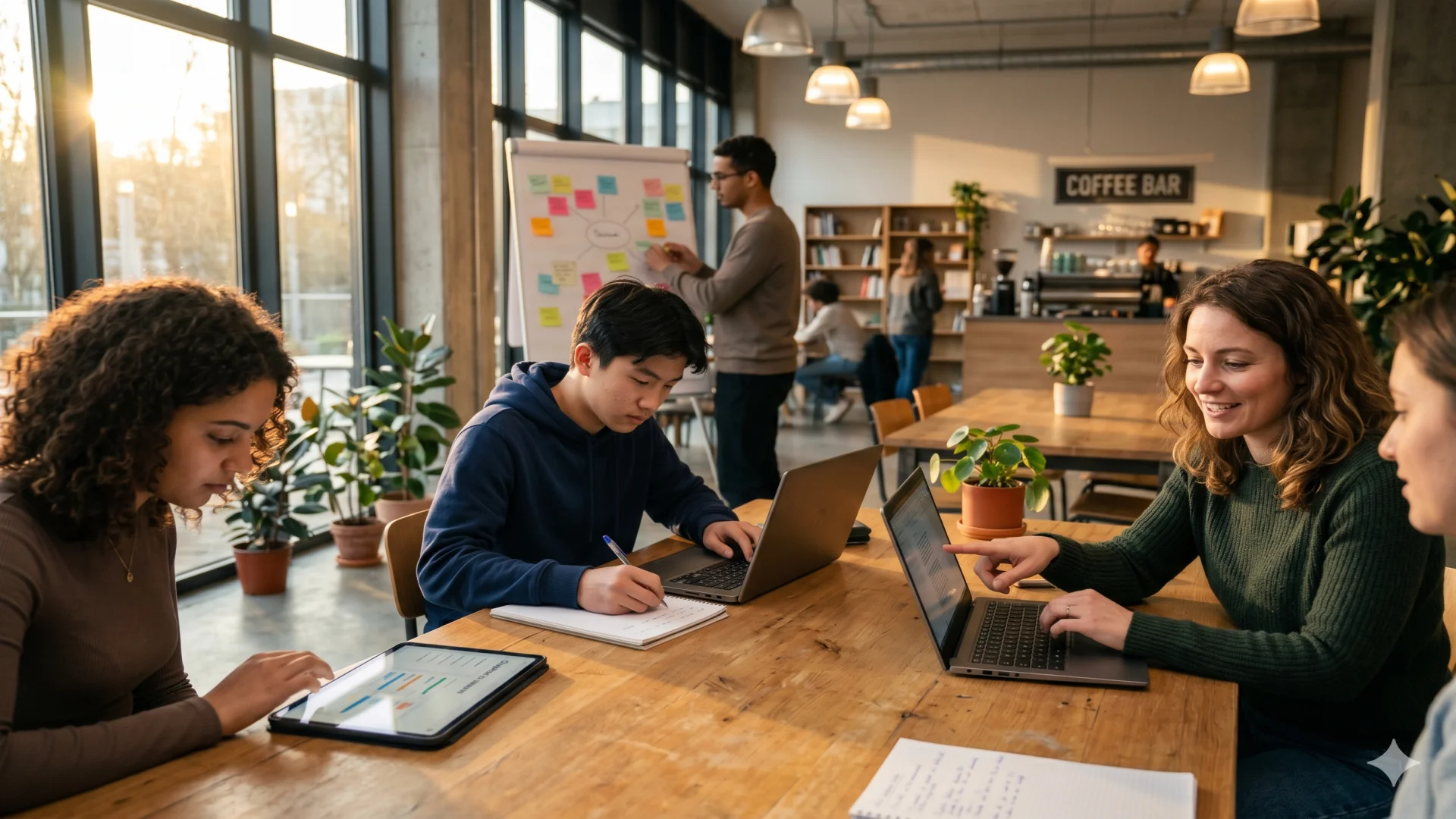 Étudiants en coworking autour de la plateforme ScolNext