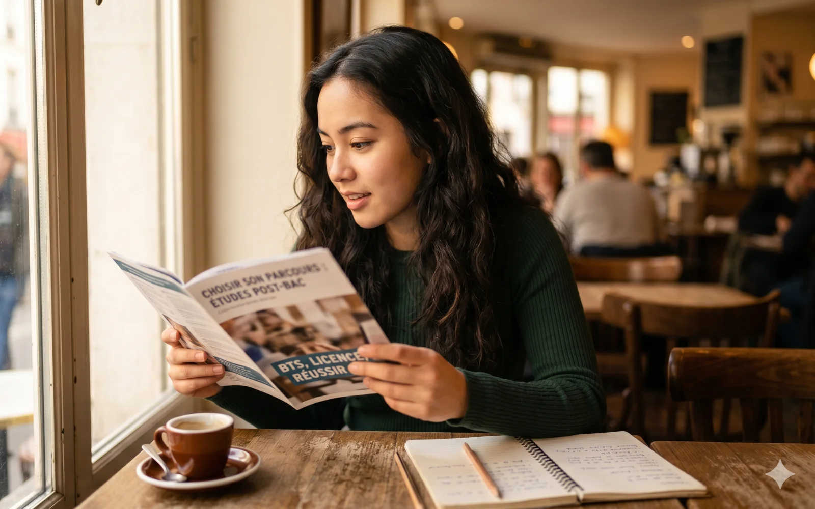 Étudiante lisant une brochure d'orientation BTS dans un café