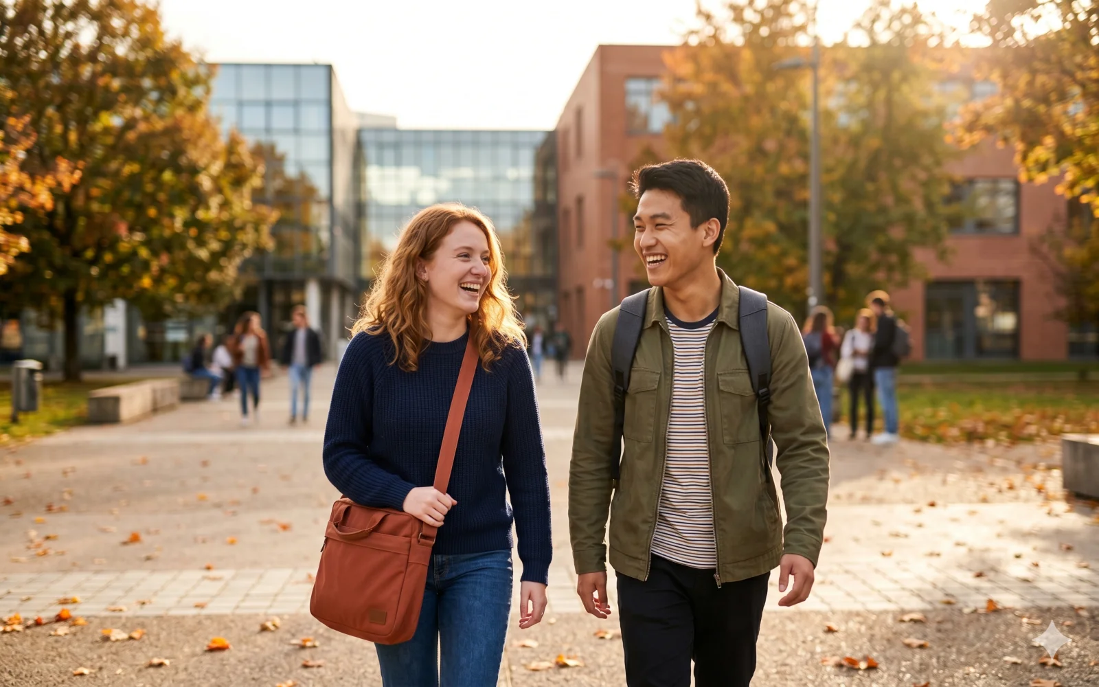 Deux étudiants marchant sur un campus universitaire en automne