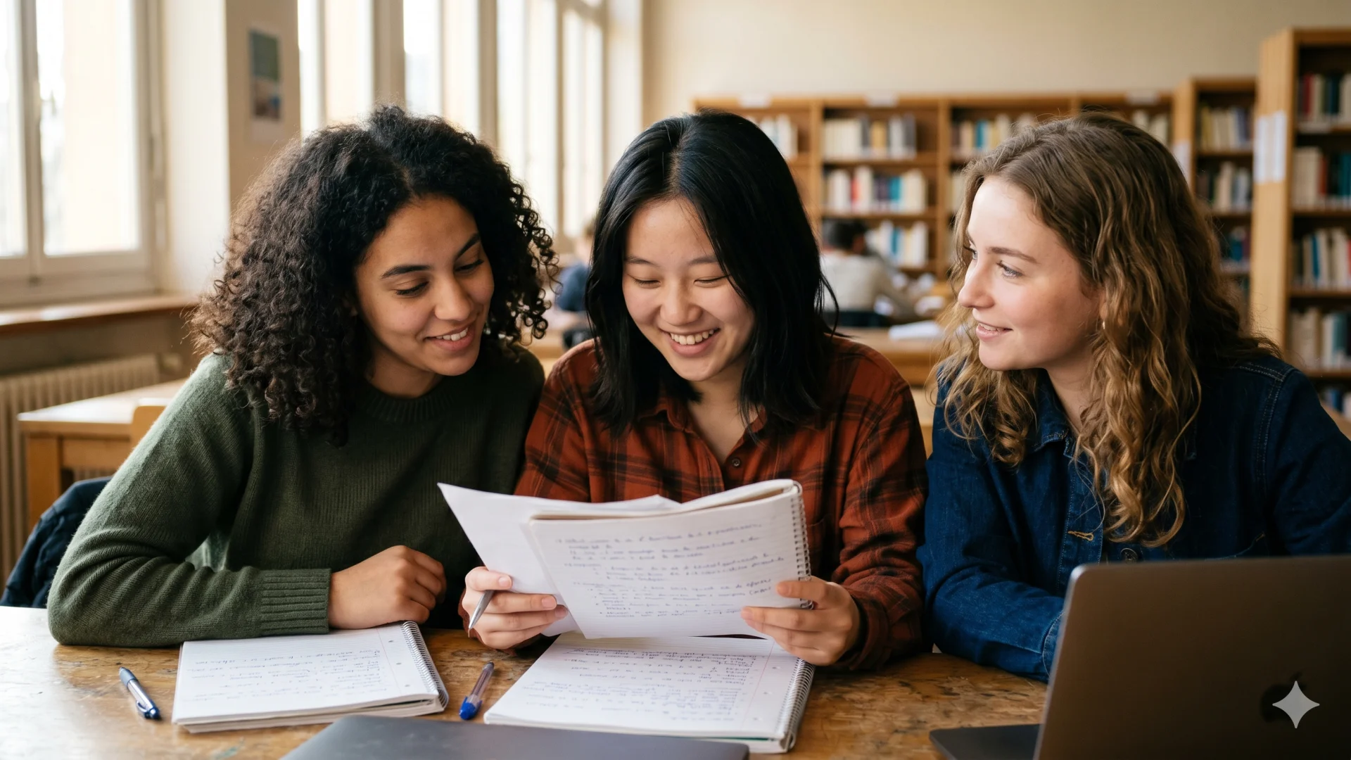 Groupe d'étudiants diversifiés étudiant ensemble dans une bibliothèque moderne — ScolNext