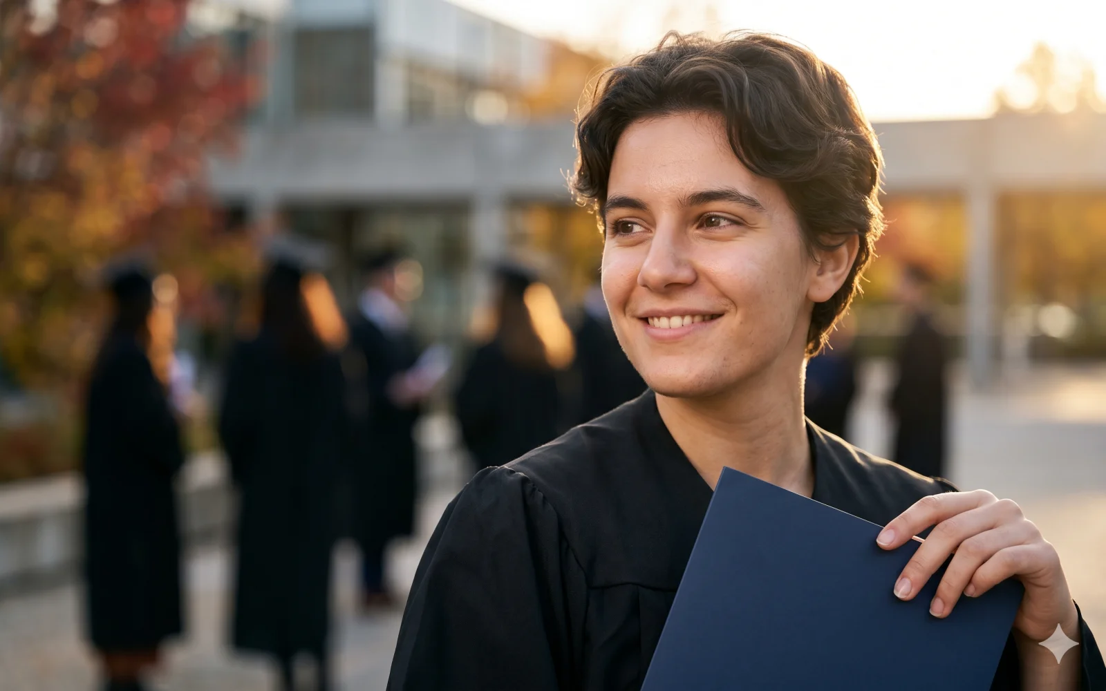 Jeune diplômée souriante au coucher du soleil — Après le BTS