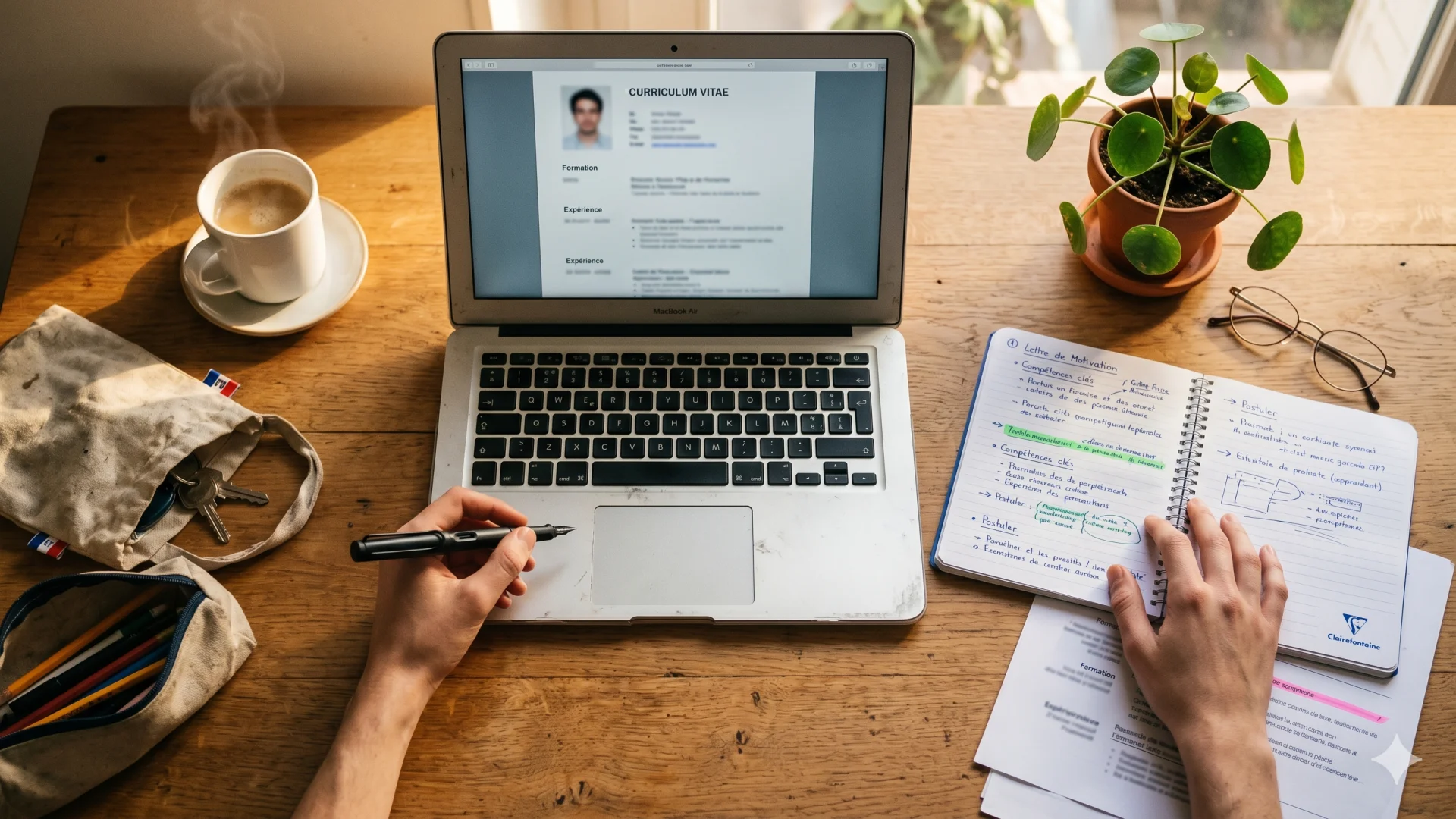 Bureau d'étudiant avec CV, lettre de motivation et café — Ressources ScolNext