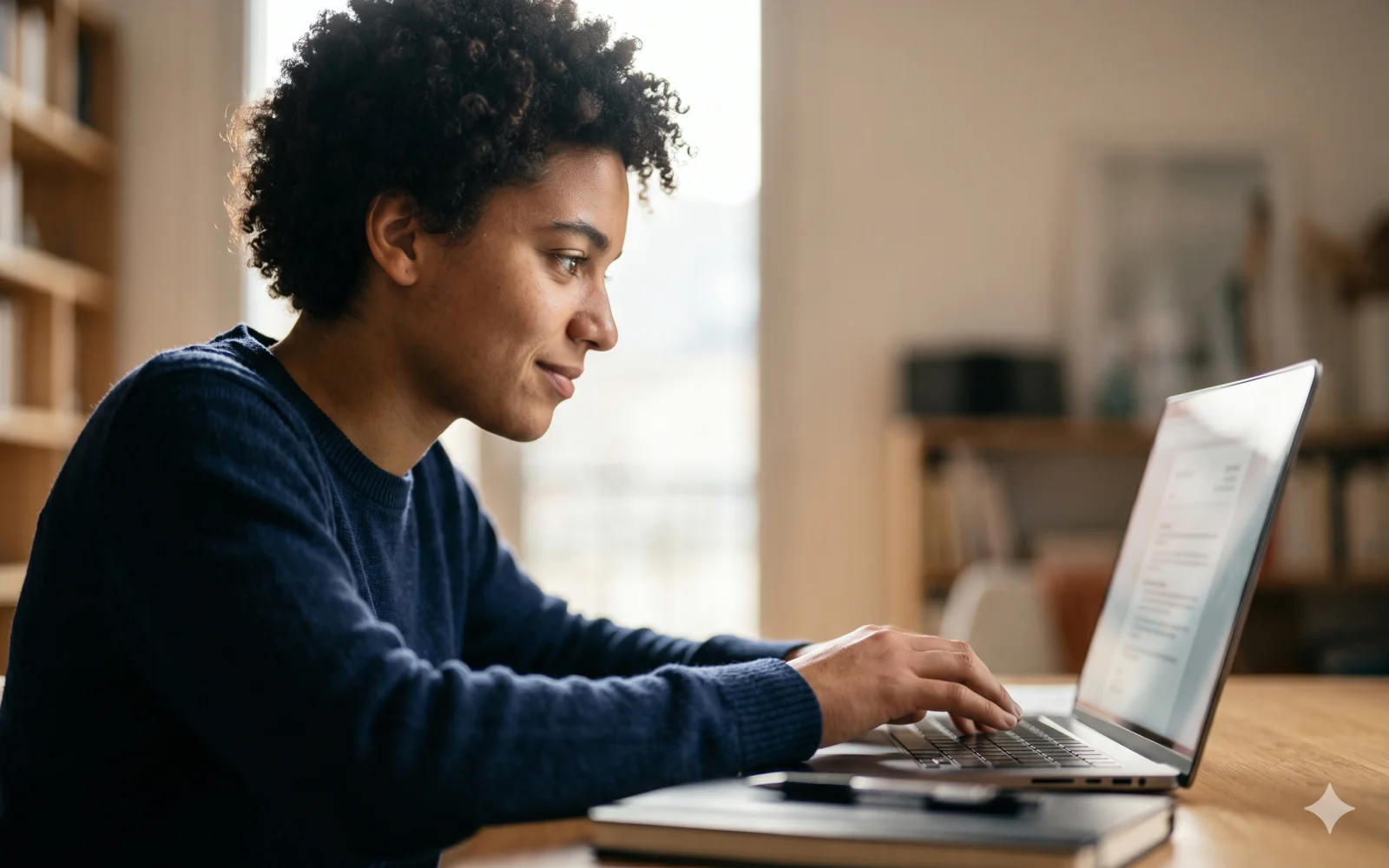 Étudiante concentrée rédigeant son CV sur ordinateur portable