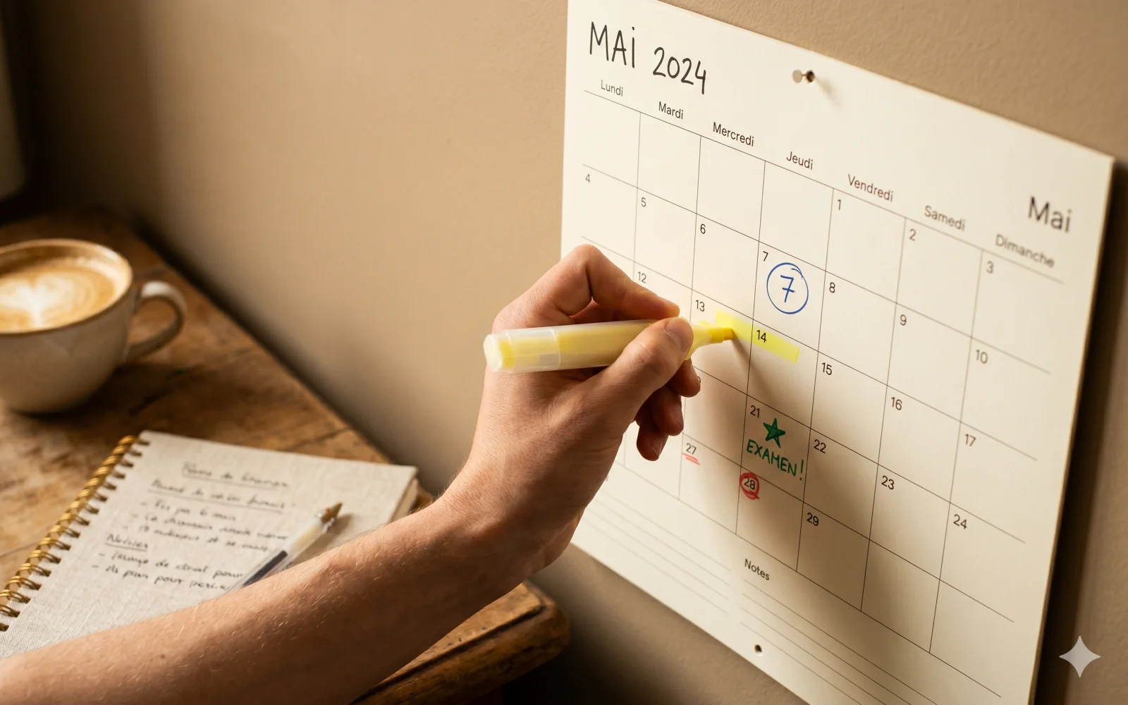 Main marquant une date importante sur un calendrier mural avec un surligneur jaune