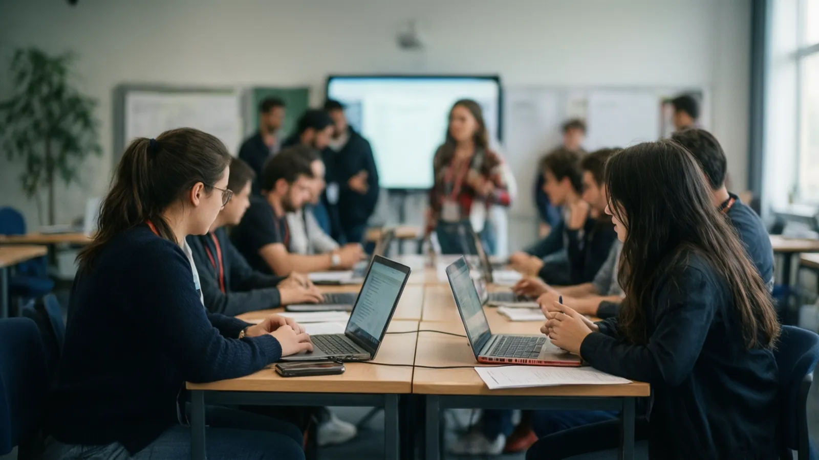 Groupe d’étudiants en BTS travaillant ensemble sur un projet en classe