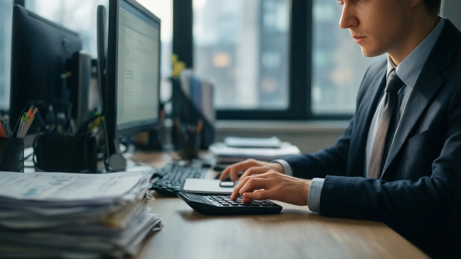 Assistante comptable concentrée à son bureau avec une calculatrice
