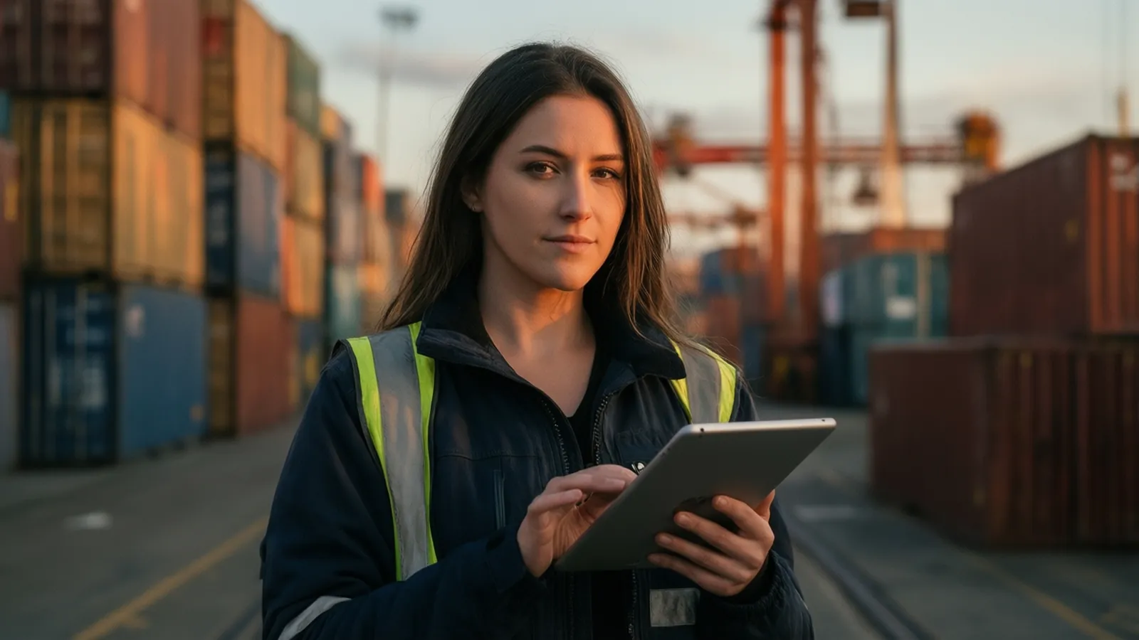 Jeune professionnelle avec une tablette sur un terminal portuaire de conteneurs