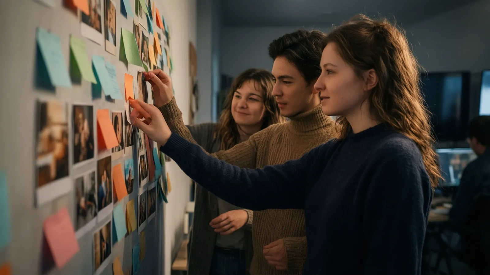 Étudiants en communication organisant des idées sur un grand tableau