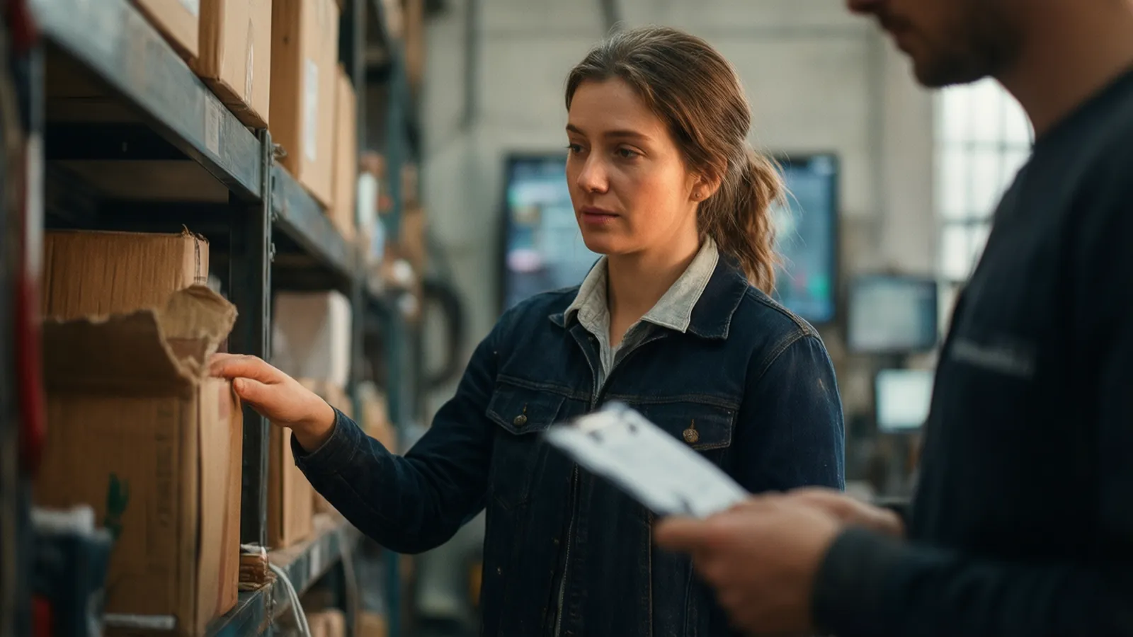 Gérant de PME vérifiant le stock avec un employé dans un atelier