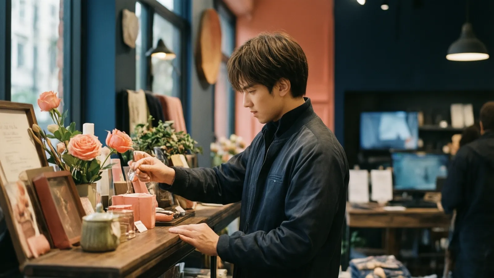Jeune responsable de magasin arrangeant une vitrine de produits