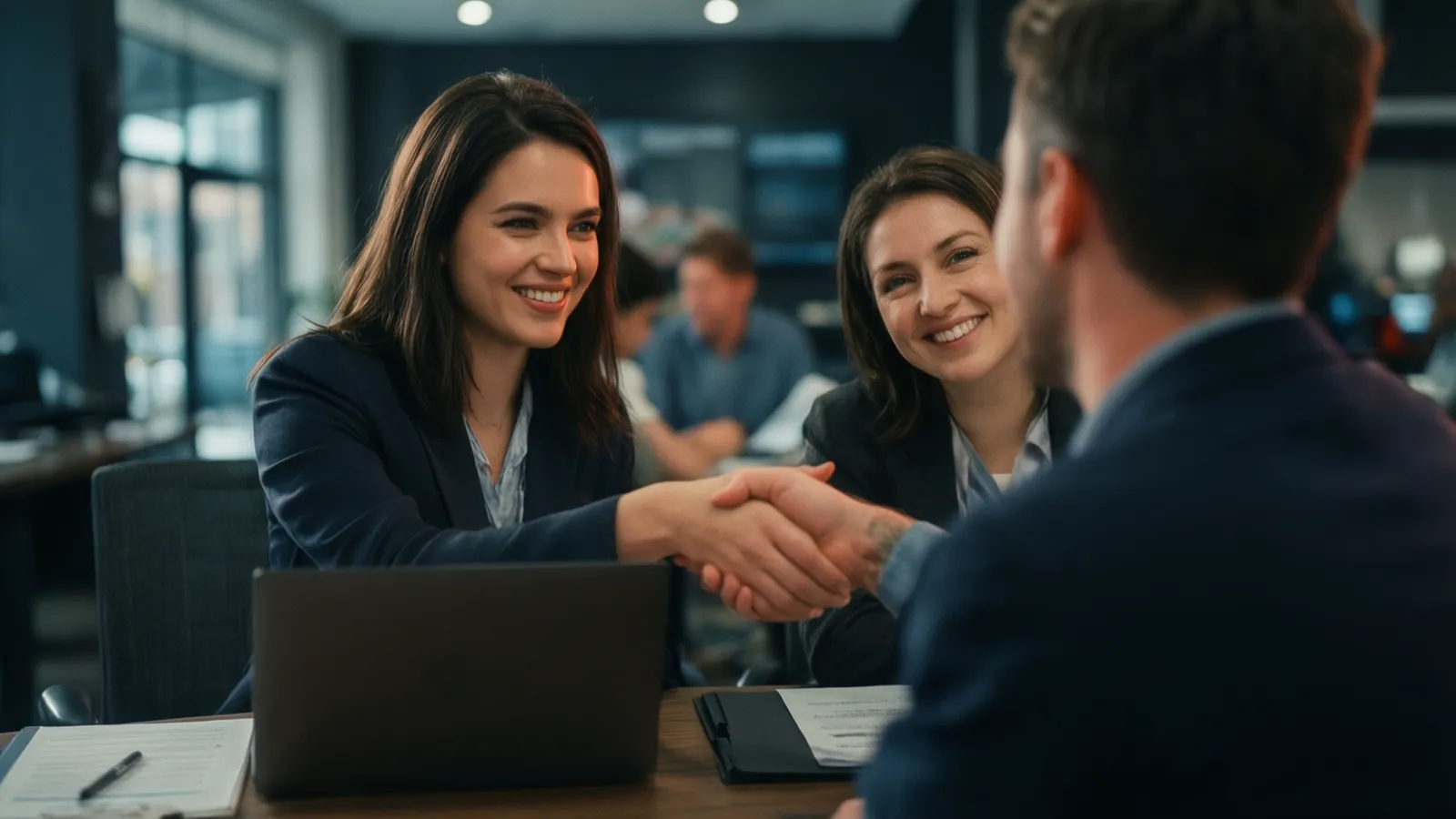 Commercial serrant la main d’un client dans un showroom