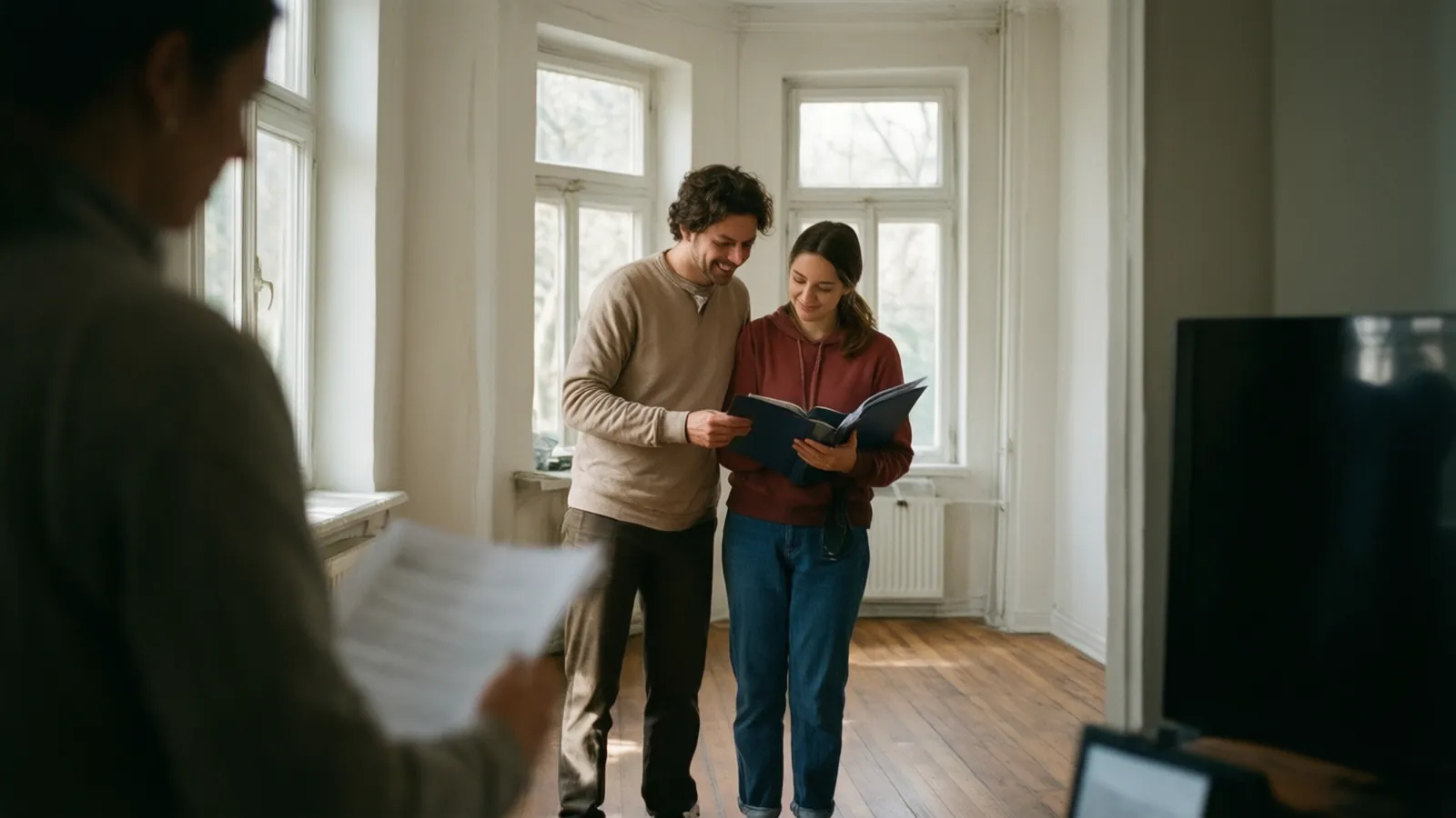 Agent immobilier faisant visiter un appartement lumineux à un jeune couple