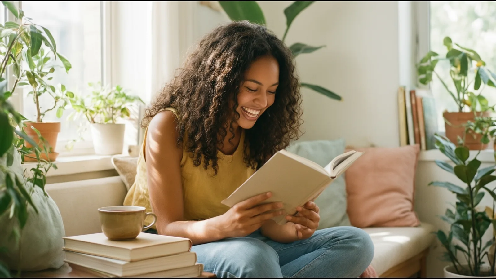 Une étudiante sourit en lisant près d’une fenêtre ensoleillée, une pile de livres à côté d’elle