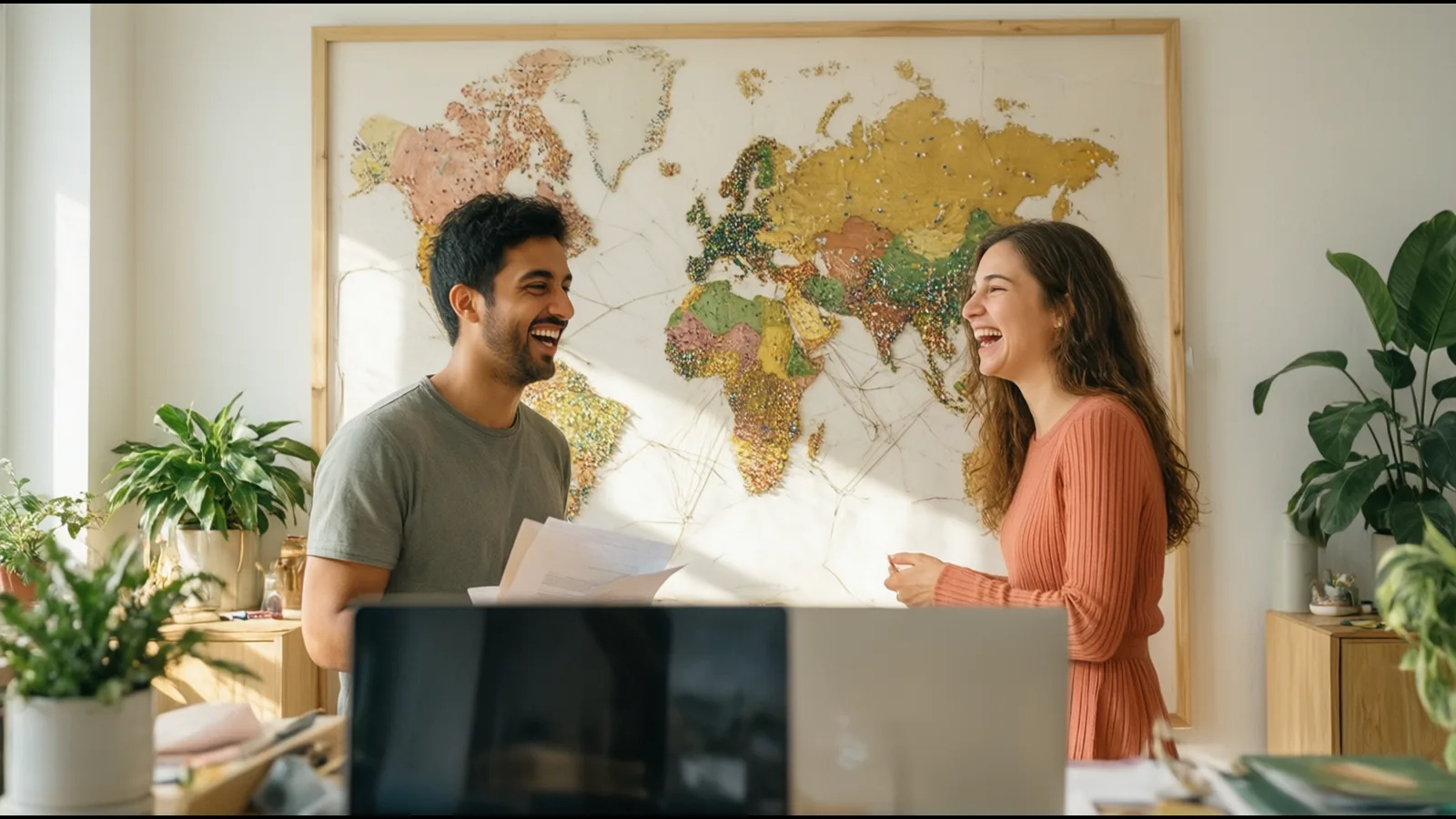 Deux étudiants préparent une prospection devant une grande carte du monde sans inscriptions