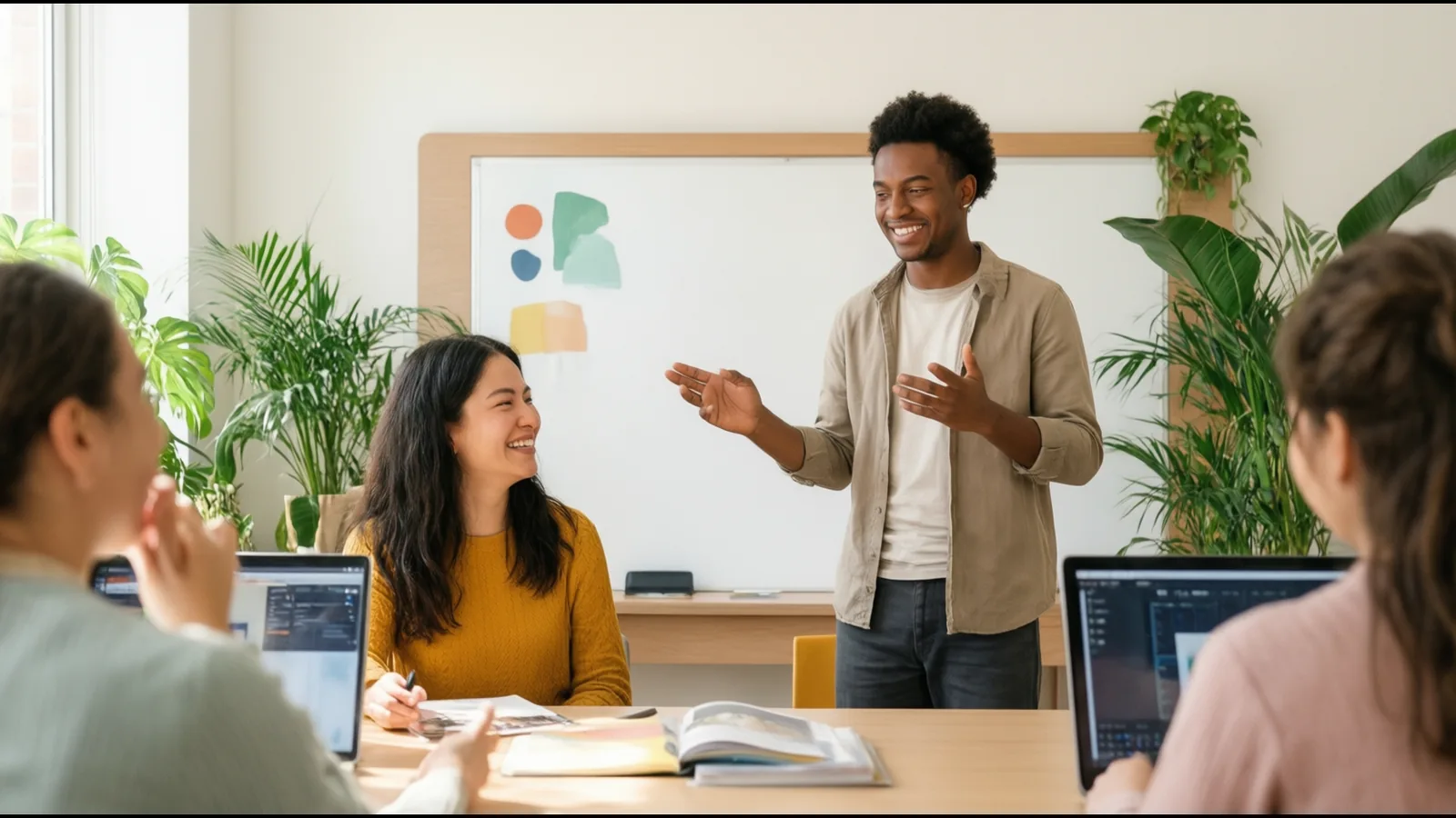Un étudiant fait une présentation devant deux camarades souriants