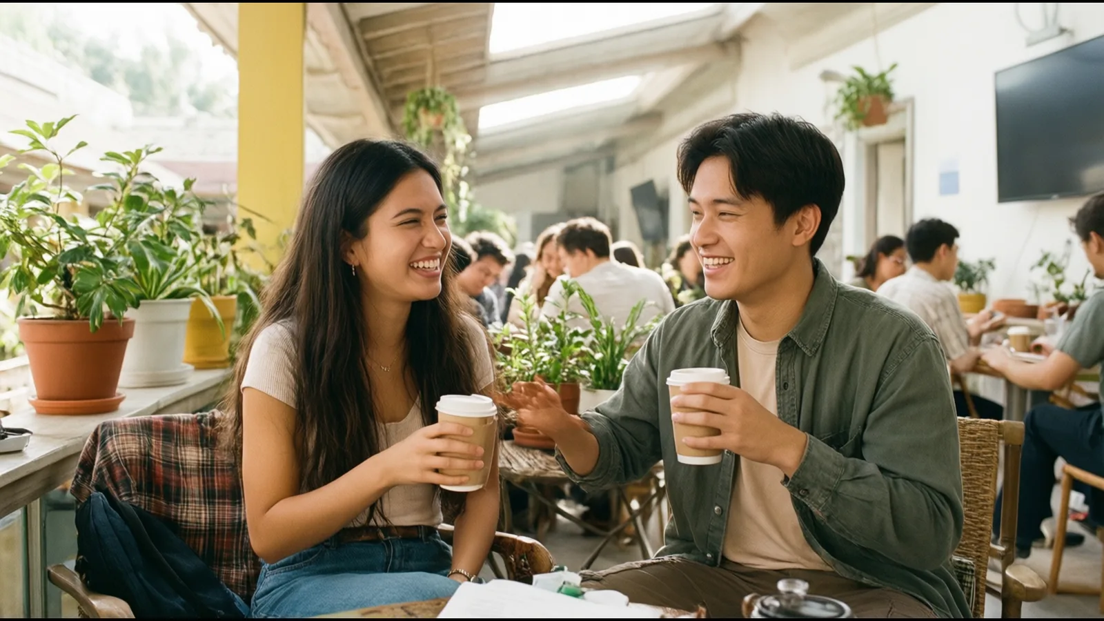Deux étudiants discutent et rient sur une terrasse ensoleillée