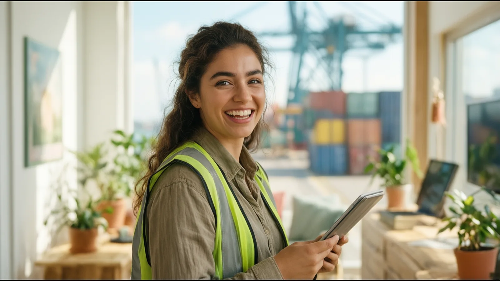 Une étudiante souriante sur un quai portuaire ensoleillé, devant des conteneurs colorés