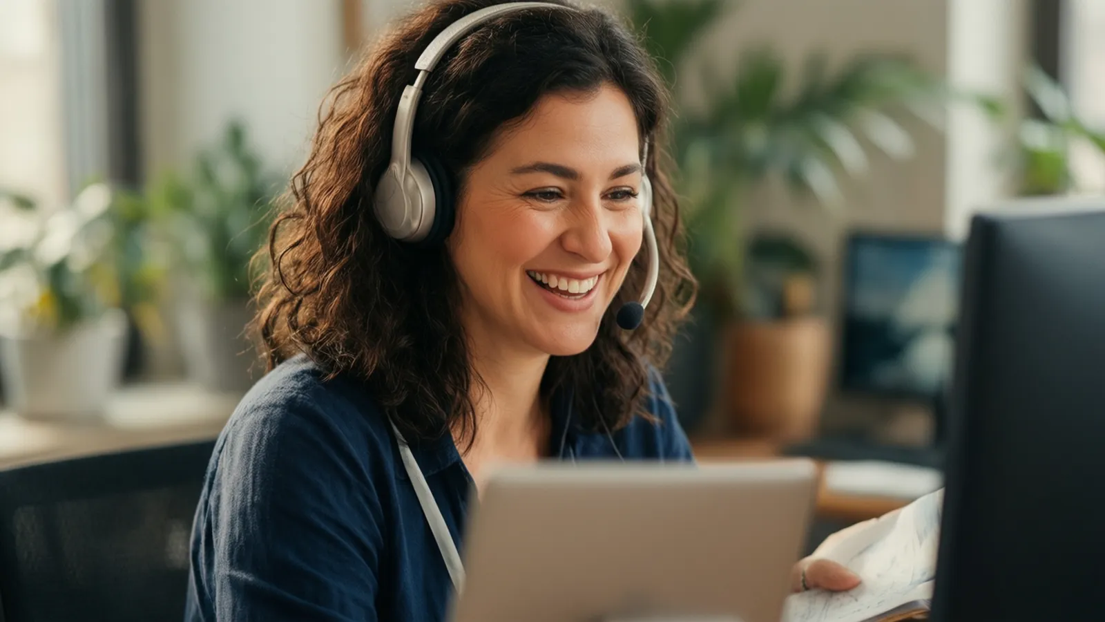Une conseillère souriante, casque audio sur les oreilles, répond à une demande depuis son ordinateur
