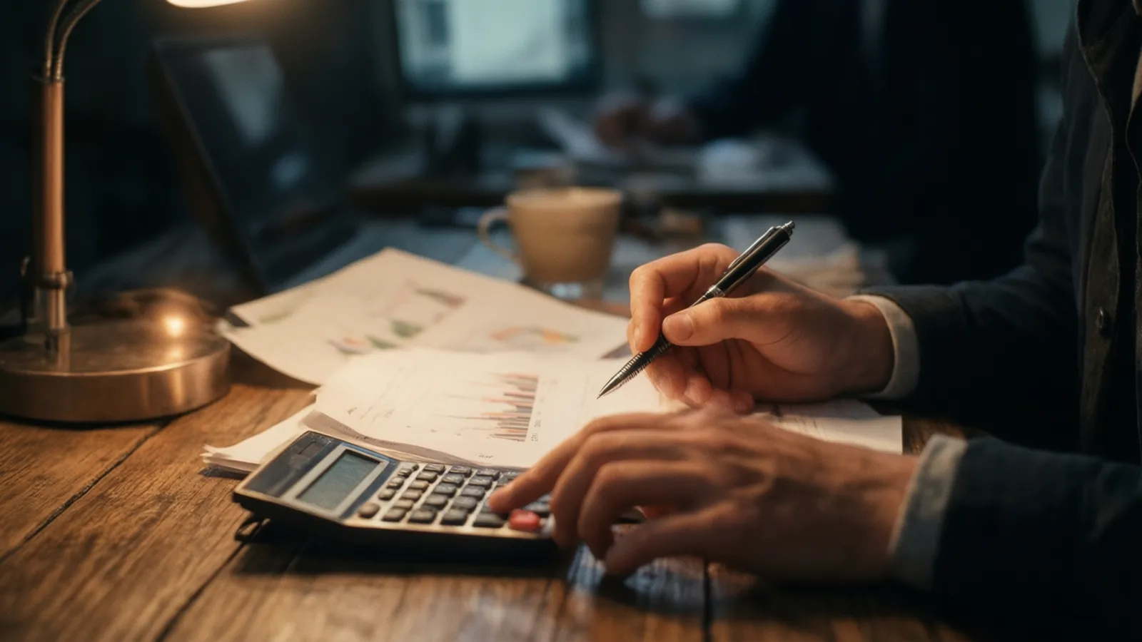 Mains d’un étudiant en comptabilité avec un stylo, des graphiques et une calculatrice