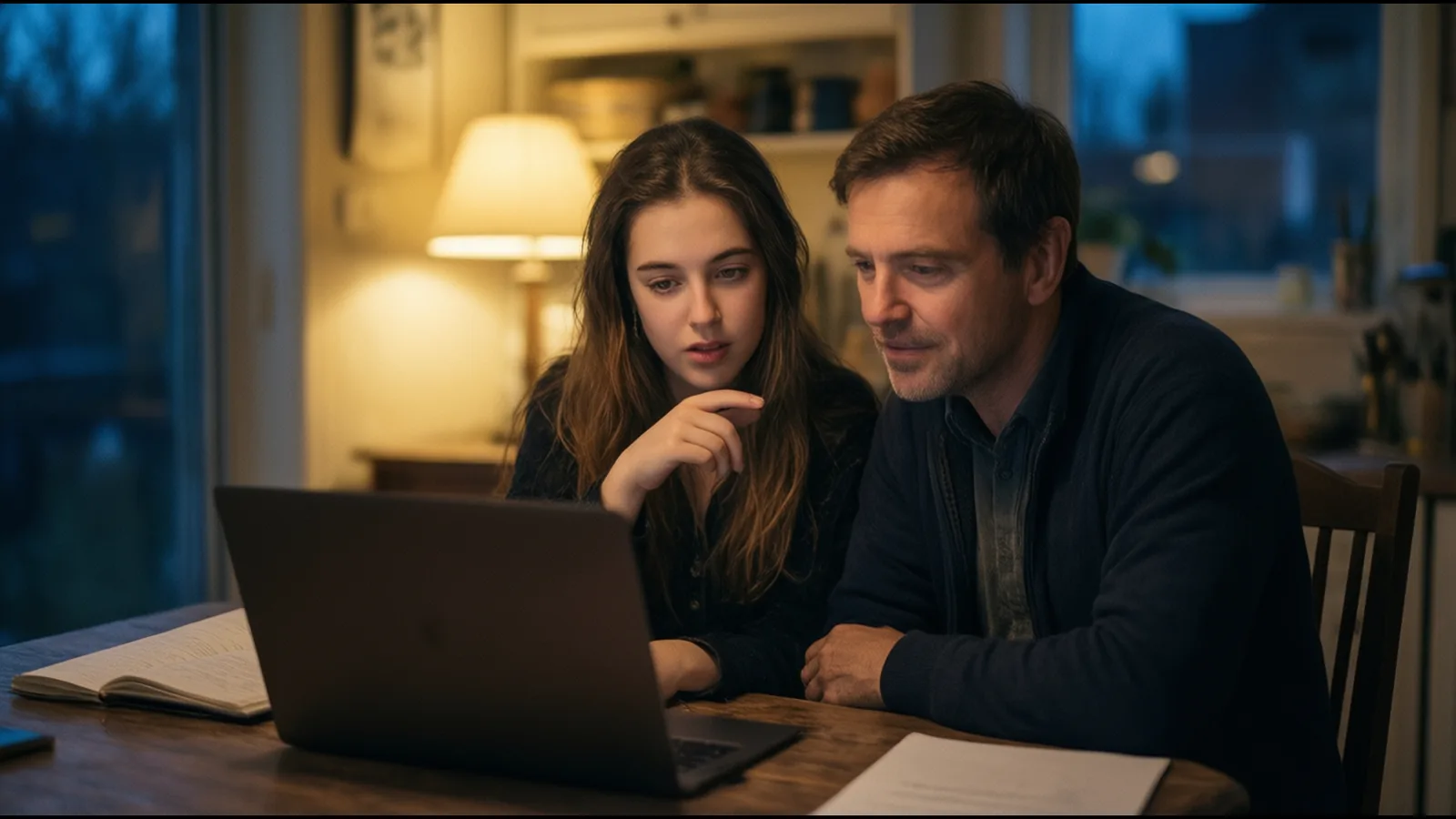 Une lycéenne et son père réfléchissent ensemble devant un ordinateur, le soir, à la table de la cuisine