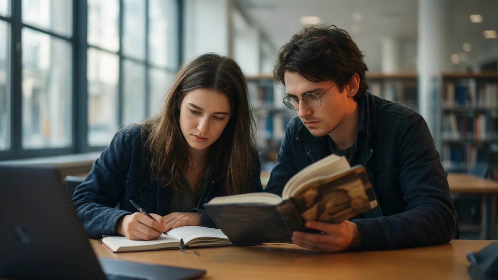 Deux étudiants préparent ensemble leurs concours dans une bibliothèque universitaire