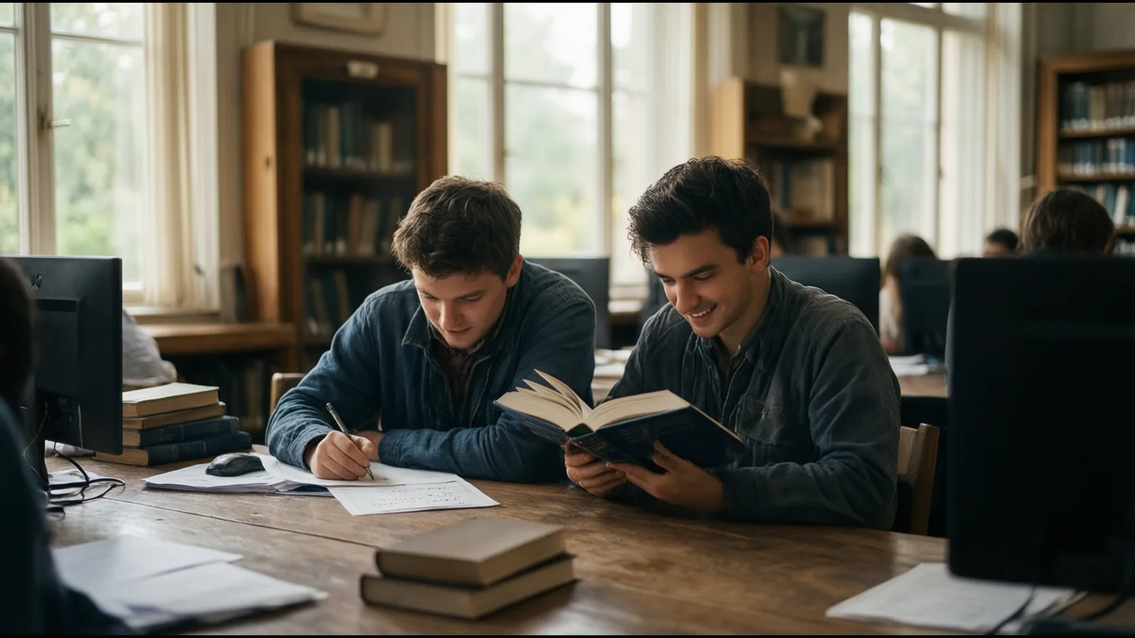 Deux étudiants travaillent côte à côte dans la bibliothèque d’un lycée