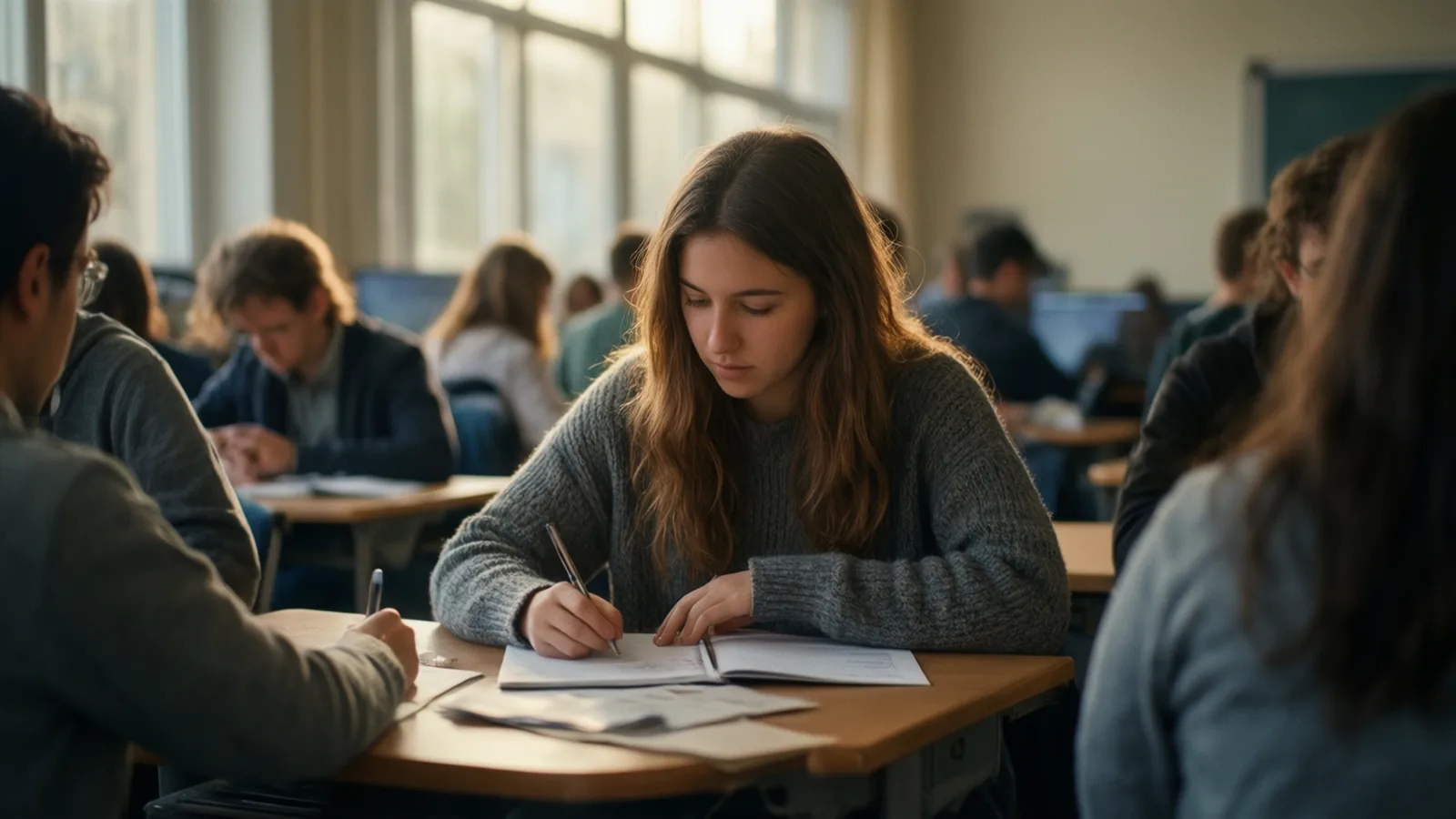 Une étudiante de classe préparatoire prend des notes pendant un cours