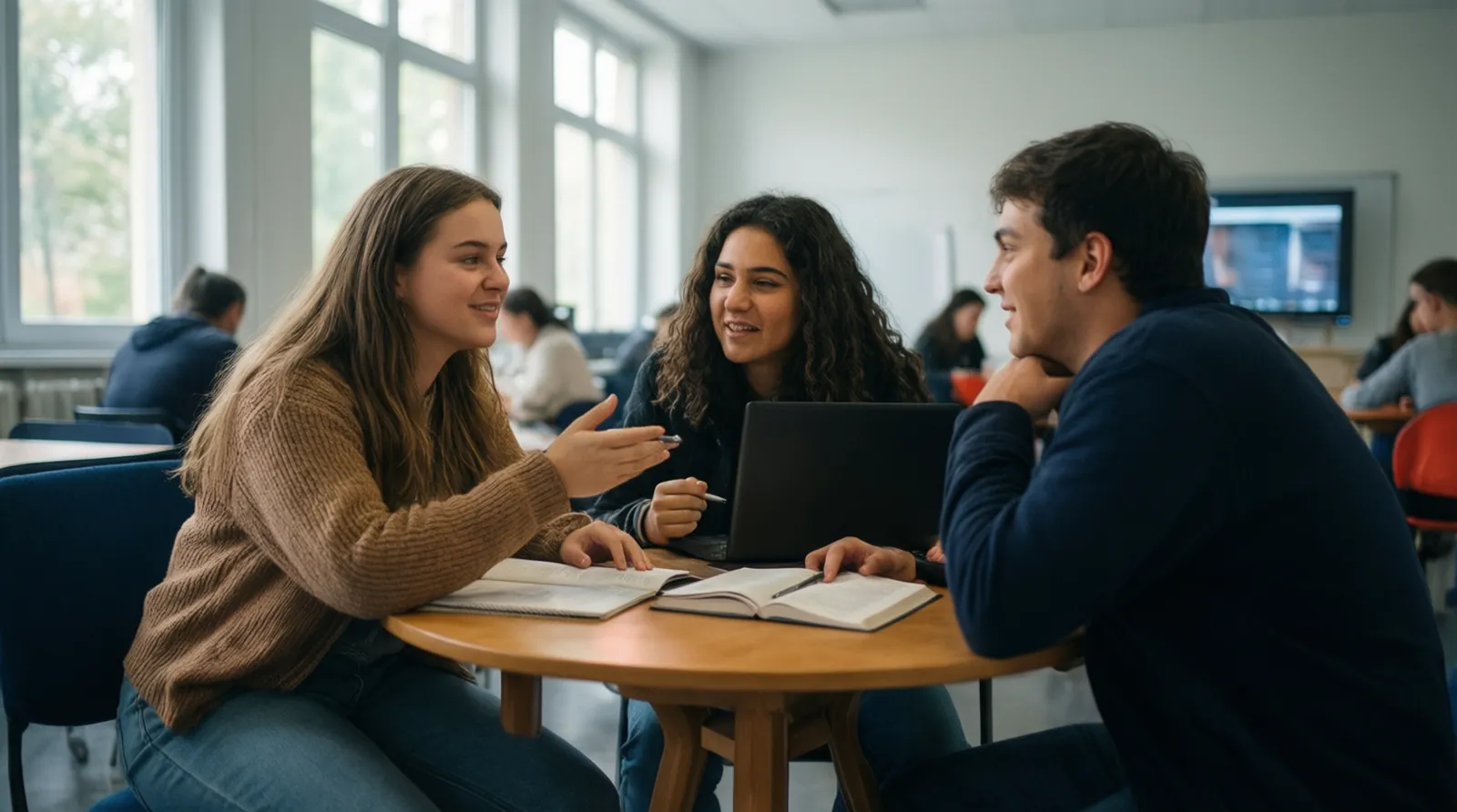 Trois élèves de classe préparatoire travaillent ensemble autour d’une table dans une salle lumineuse