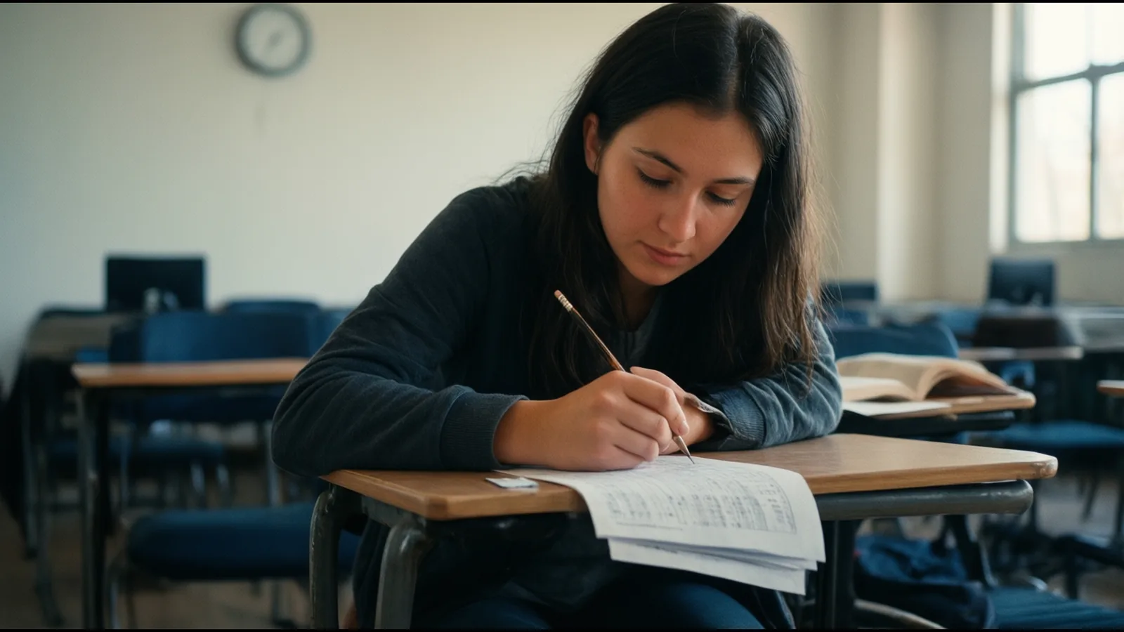 Une étudiante concentrée remplit une grille de réponses lors d’un test, dans une salle d’examen