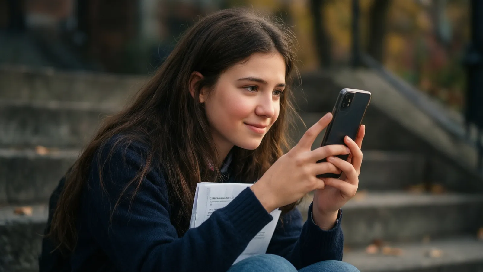 Étudiante assise sur des marches, souriante, répondant sur son téléphone