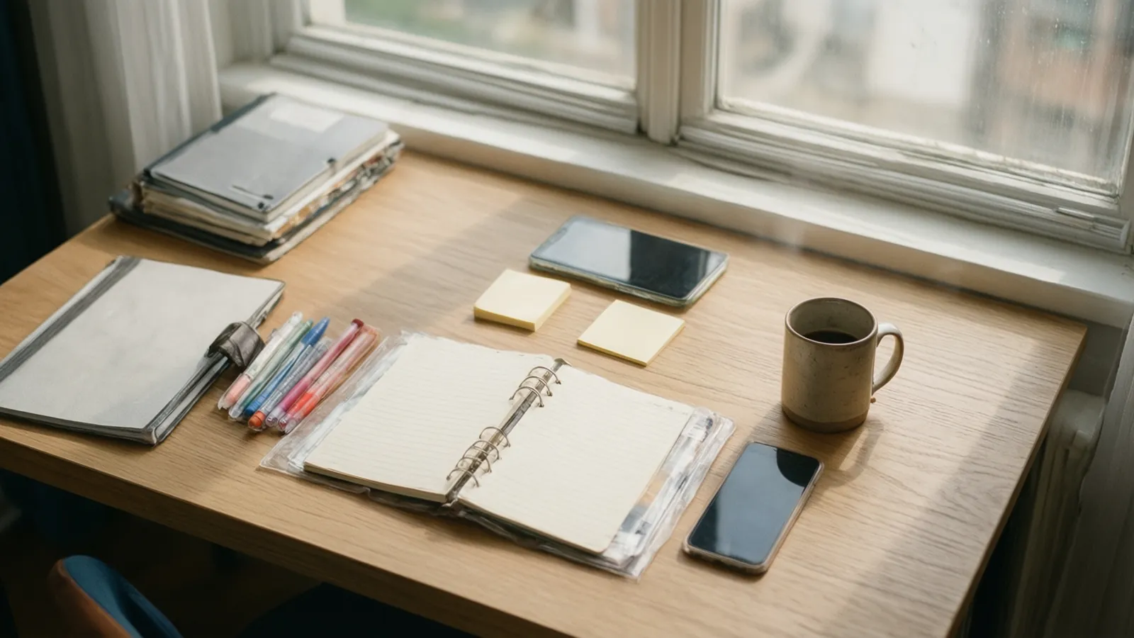 Bureau d’étudiant rangé vu du dessus avec carnets, classeur et stylos