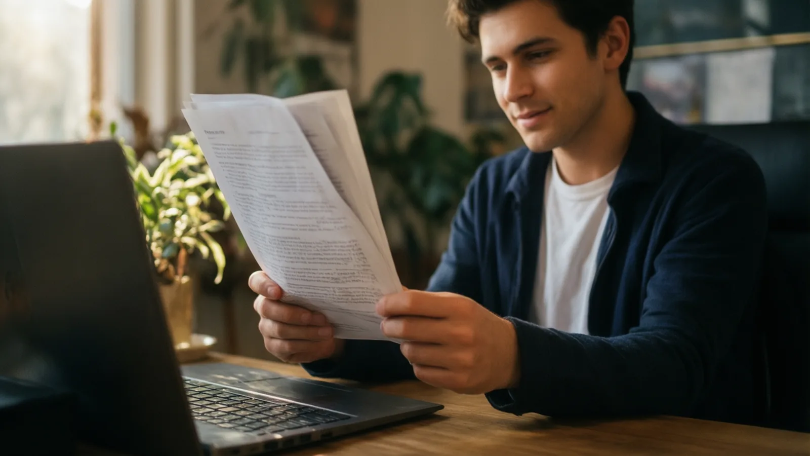 Un étudiant souriant relit une page imprimée à son bureau, dans la lumière du matin