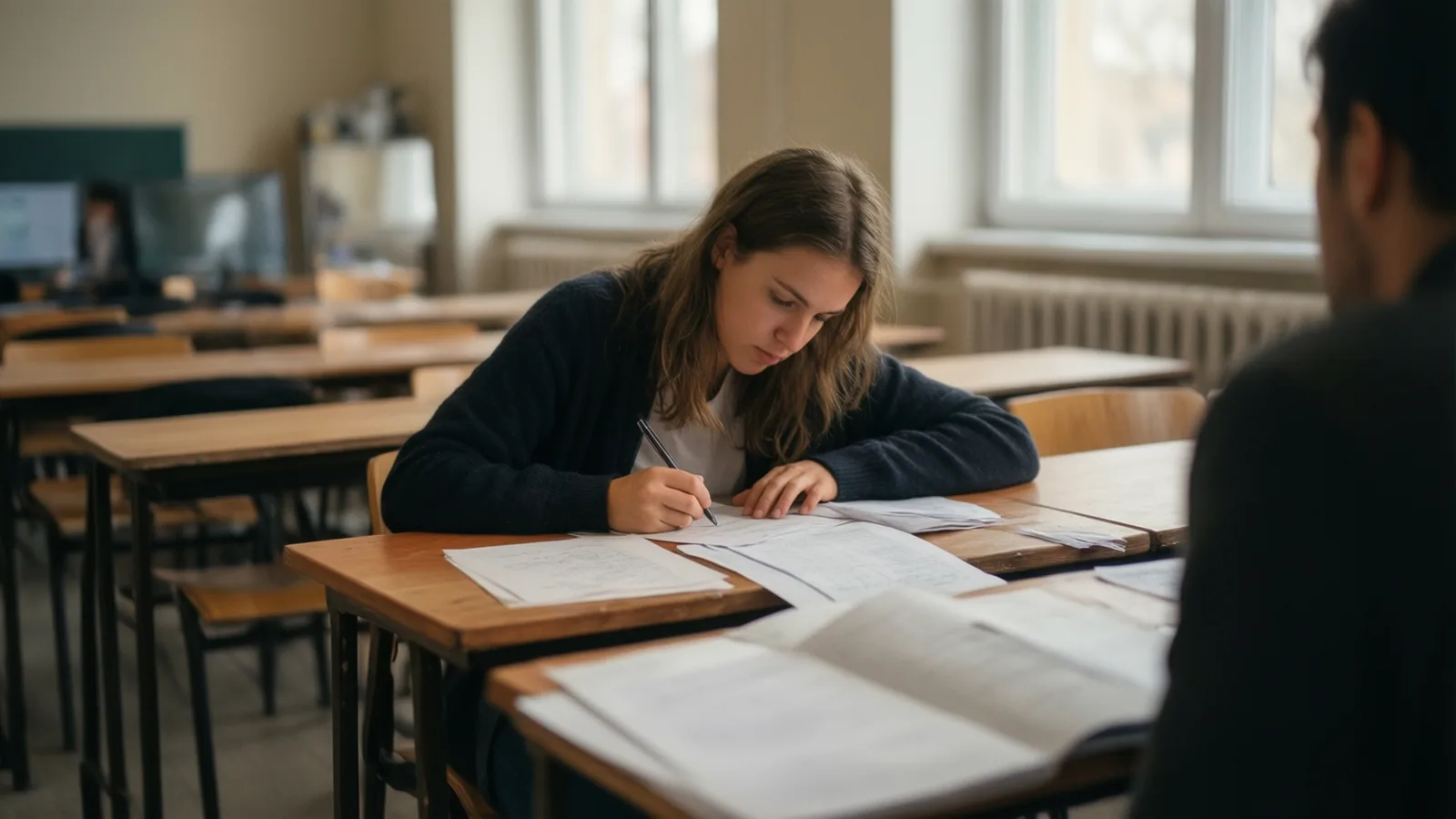 Une étudiante concentrée compose une épreuve écrite dans une salle d’examen lumineuse