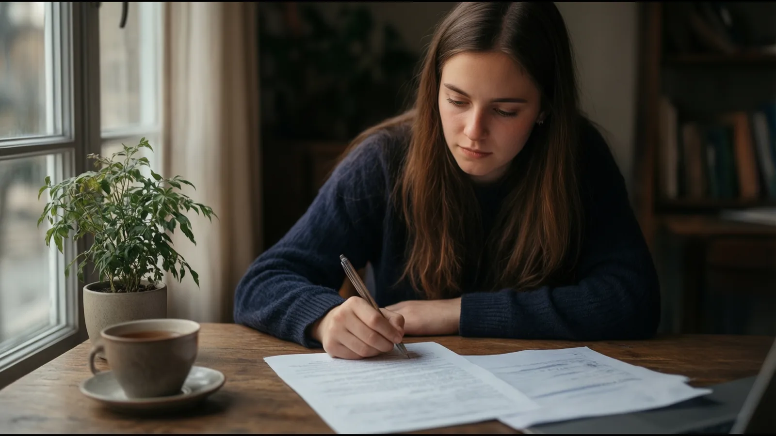 Une étudiante rédige une lettre à la main, à sa table près d’une fenêtre, dans la lumière de l’après-midi