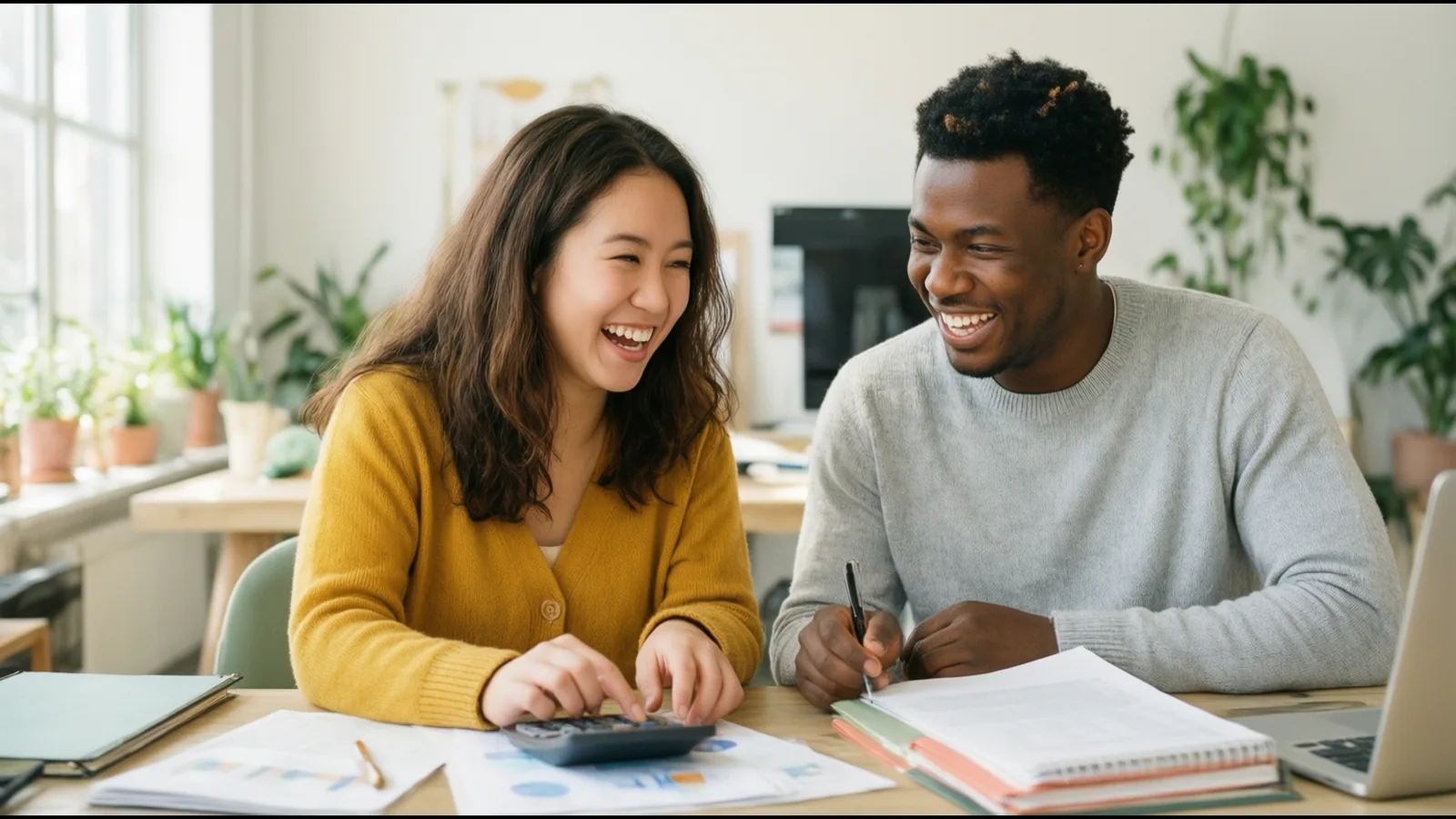 Une étudiante et un étudiant rient en travaillant avec une calculatrice et des graphiques