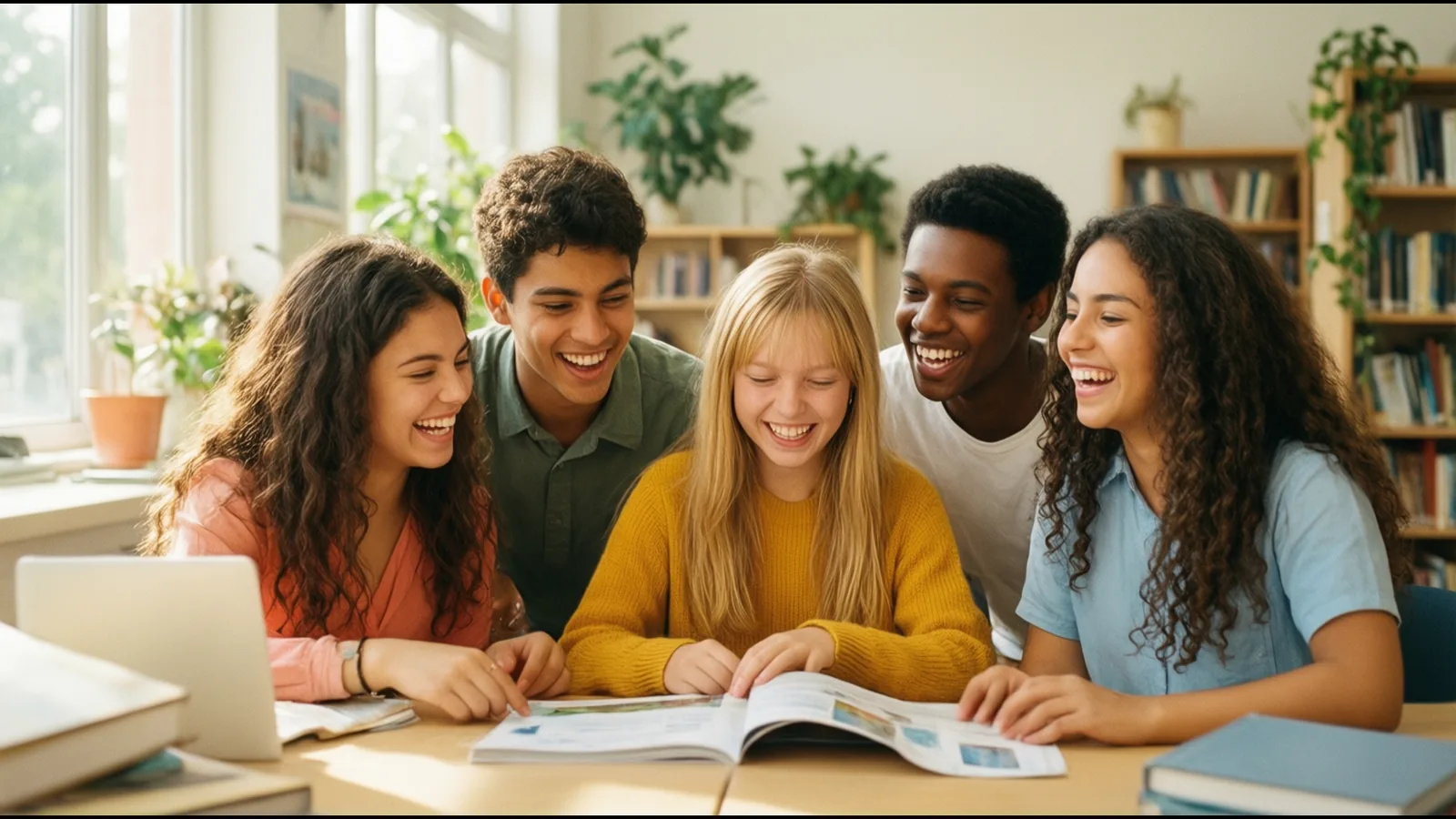 Un groupe de cinq lycéens, filles et garçons, rit en consultant ensemble une brochure d’orientation au CDI