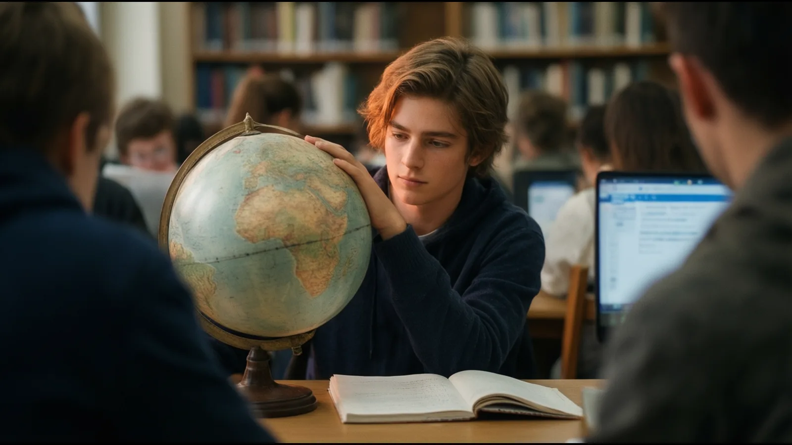 Un lycéen étudie un grand globe terrestre à une table de bibliothèque