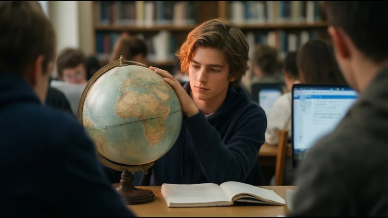 Un lycéen étudie un grand globe terrestre à une table de bibliothèque