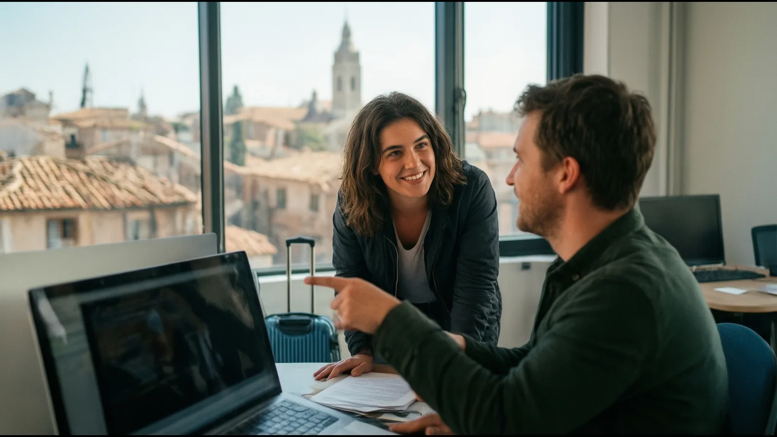 Une jeune stagiaire échange avec un collègue dans un bureau lumineux, devant les toits d’une ville européenne