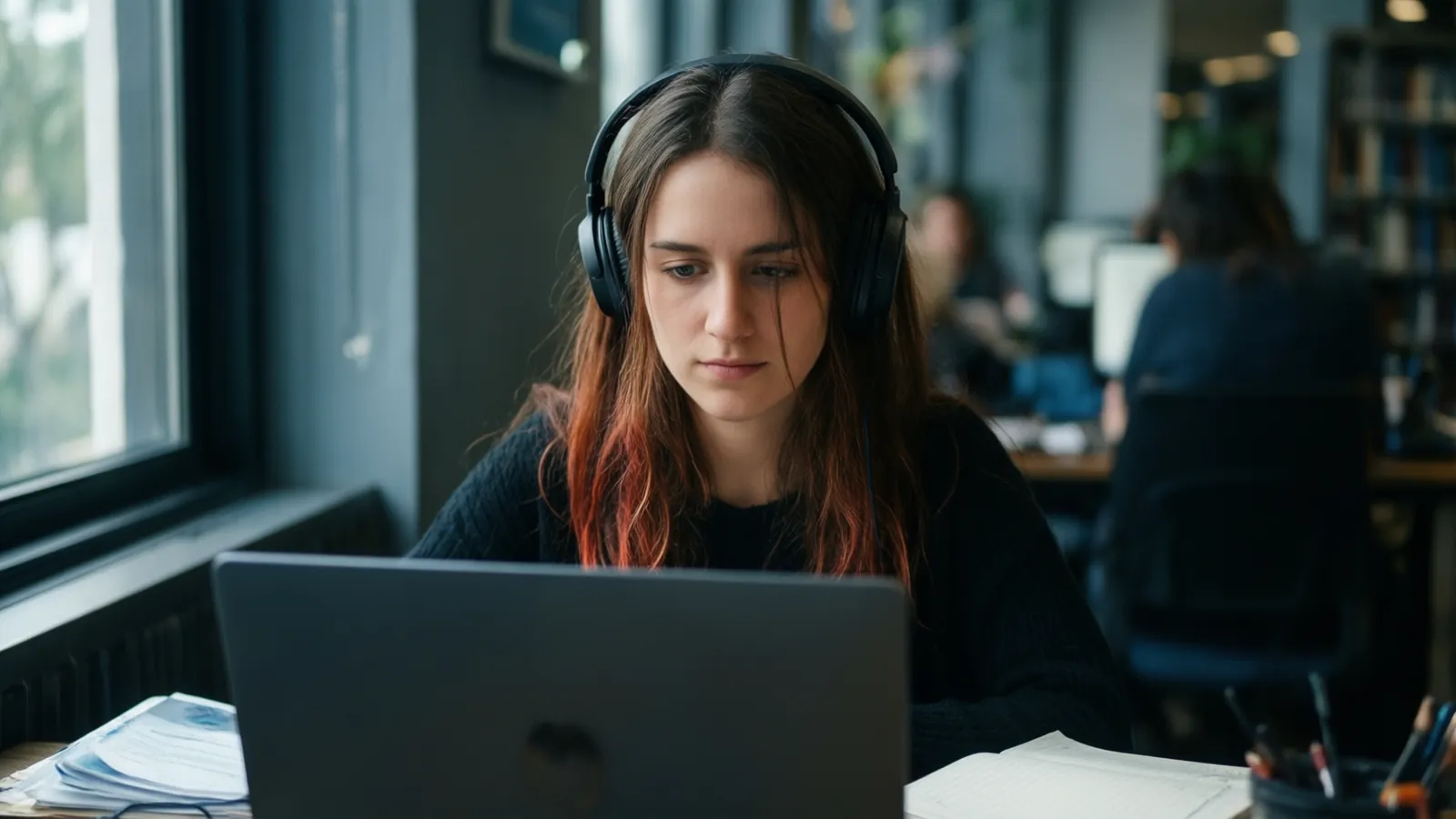 Étudiante avec un casque audio s’entraînant à l’écoute en anglais dans une bibliothèque