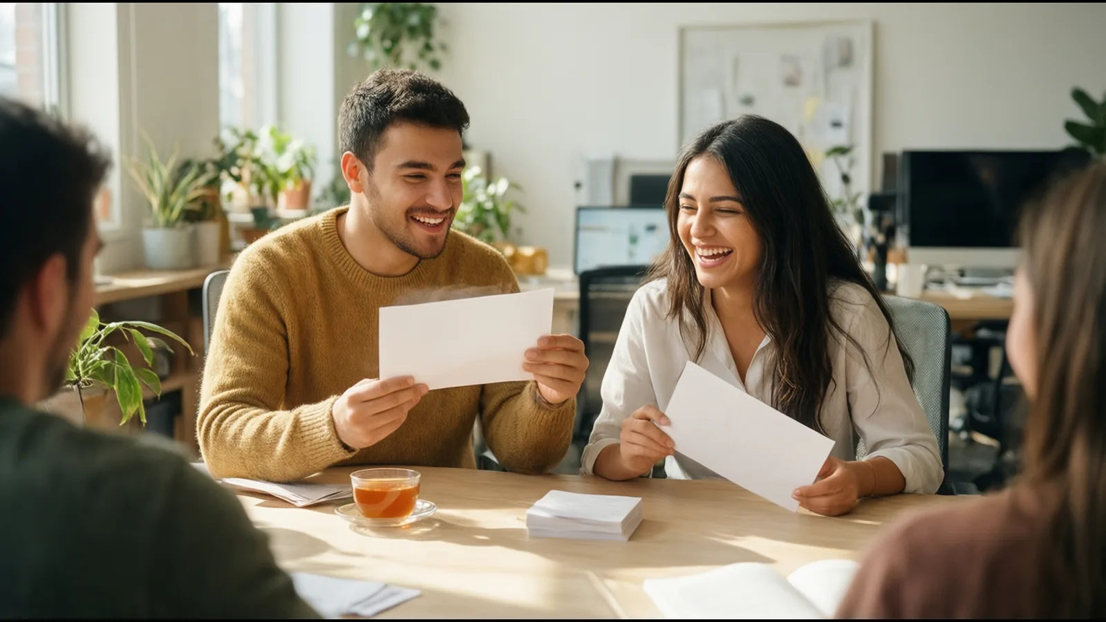 Deux étudiants rient en jouant avec des cartes de vocabulaire, à une table ensoleillée