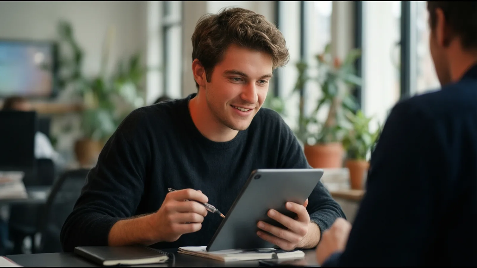 Un jeune étudiant souriant répond à des questions sur une tablette, dans un espace de travail lumineux